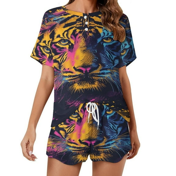 Tiger Animal Graffiti Print Women'S Pajamas Set Summer Sleepwear Sets 2 Piece Lounge Set