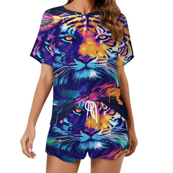 Tiger Animal Graffiti Print Women'S Pajamas Set Summer Sleepwear Sets 2 Piece Lounge Set