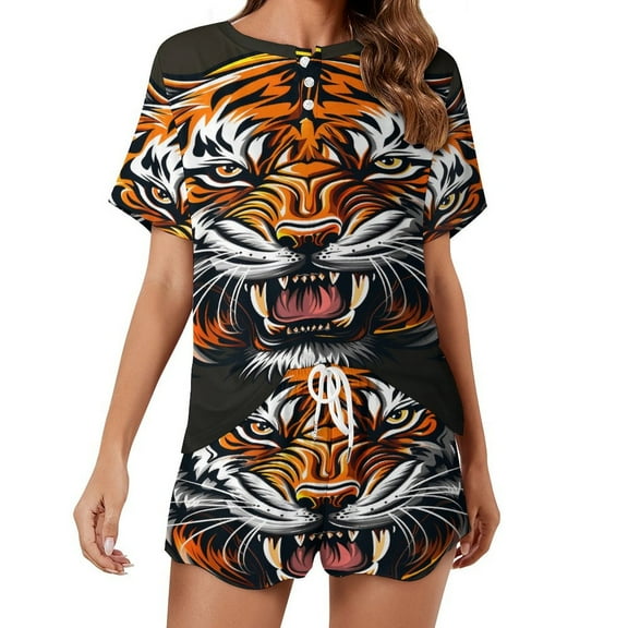 Tiger Animal Graffiti Print Women'S Pajamas Set Summer Sleepwear Sets 2 Piece Lounge Set