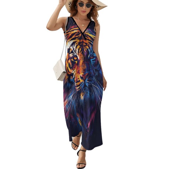 Tiger Animal Graffiti Sleeveless Dress Woman Fashion Long Dresses Women's Summer Suit Dress 2025