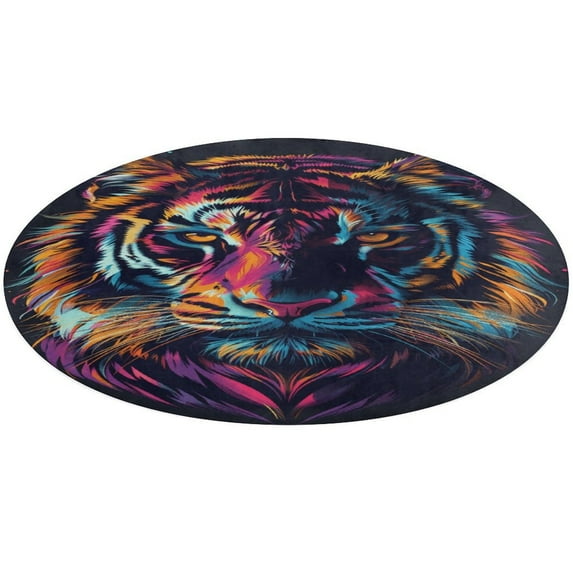 Tiger Animal Graffiti Soft Bedroom Round Area Rug, Washable Cute Nursery Circle Throw Mat, Non-Slip Contemporary Small Low Pile Floor Carpet for Dorm Bedside