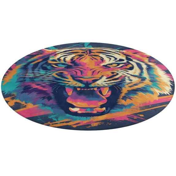 Tiger Animal Graffiti Washable Round Rug -Circle Area Rugs for Nursery Bedroom, Vintage Non Slip Non Shedding Low Pile Carpet for Living Room Coffee Table Entryway