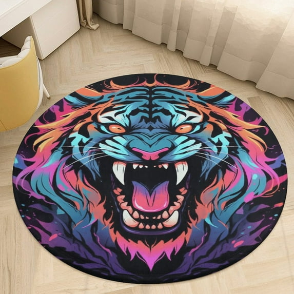 Tiger Animal Graffiti Washable Round Rug -Circle Area Rugs for Nursery Bedroom, Vintage Non Slip Non Shedding Low Pile Carpet for Living Room Coffee Table Entryway