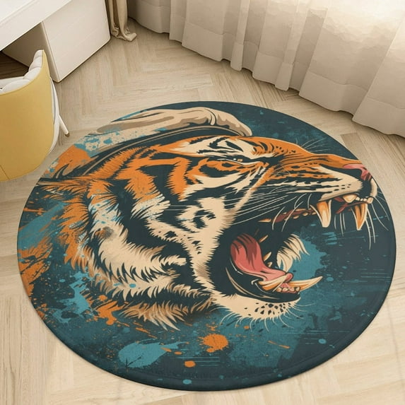 Tiger Animal Graffiti Washable Round Rug -Circle Area Rugs for Nursery Bedroom, Vintage Non Slip Non Shedding Low Pile Carpet for Living Room Coffee Table Entryway