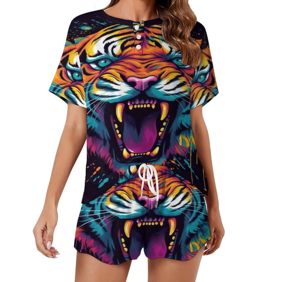 Tiger Animal Graffiti Women's Ruffle Short Sleeve Tops And Shorts Cute Peeps Bunny Pajamas Sets