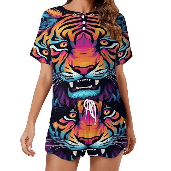 Tiger Animal Graffiti Women's Ruffle Short Sleeve Tops And Shorts Cute Peeps Bunny Pajamas Sets