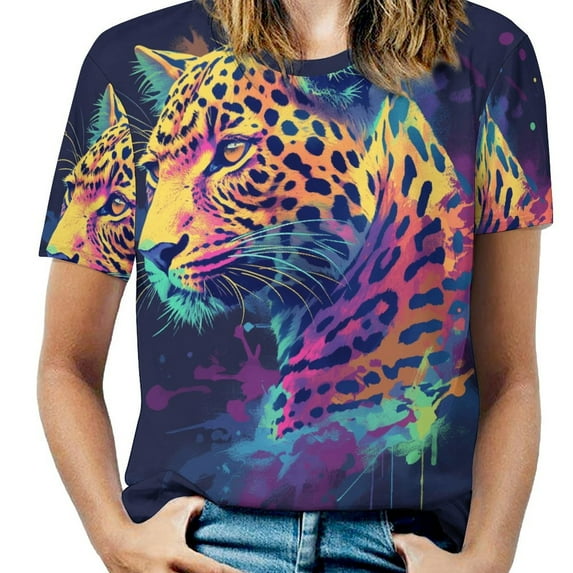 Tiger Animal Graffiti Women's Short Sleeve T-Shirt Crew Neck Casual Summer Trendy Loose Fit Tops