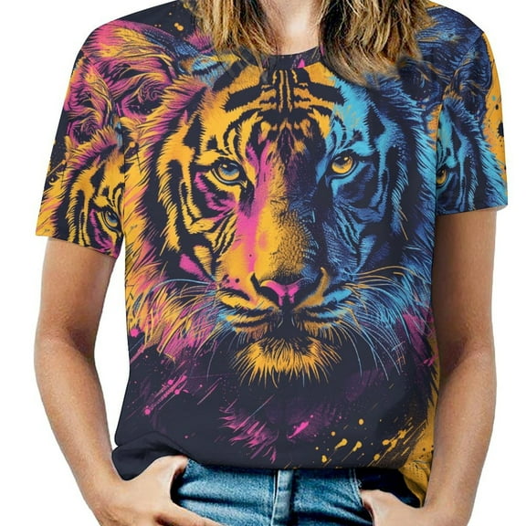 Tiger Animal Graffiti Womens Tops Women's Fashion Casual Short Sleeve Flower Print Round Neck Pullover Top Blouse