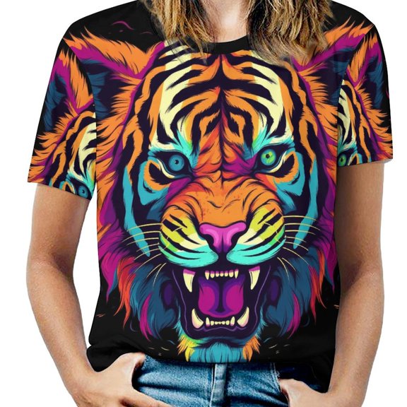 Tiger Animal Graffiti Womens Tops Women's Fashion Casual Short Sleeve Flower Print Round Neck Pullover Top Blouse