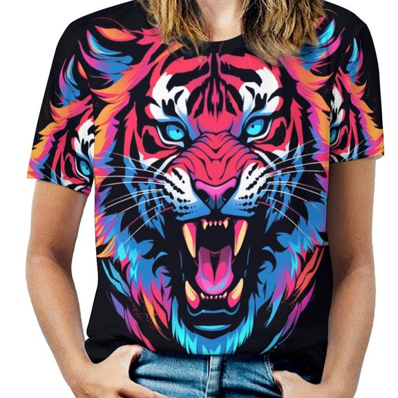 Tiger Animal Graffiti Womens Tops Women's Fashion Casual Short Sleeve Flower Print Round Neck Pullover Top Blouse