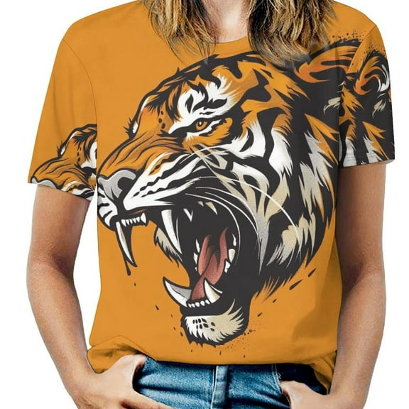 Tiger Animal Graffiti Womens Tops Women's Fashion Casual Short Sleeve Flower Print Round Neck Pullover Top Blouse