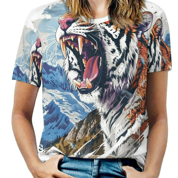 Tiger Animal Graffiti Womens Tops Women's Fashion Casual Short Sleeve Flower Print Round Neck Pullover Top Blouse