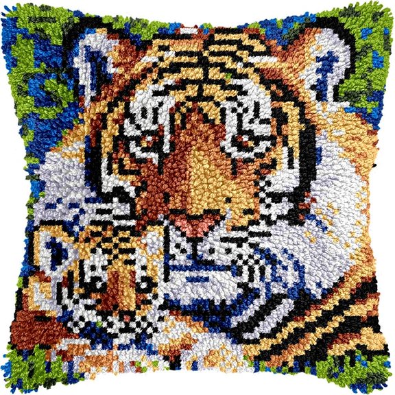 Tiger & Baby Tiger Latch Hook Kits Pillow DIY Pillowcase Crochet Hook Cushion Making Kits with Preprinted Pattern Canvas Instruction Yarns Pillow Cover Easy Starter DIY Crochet Kits 43x43cmX103)