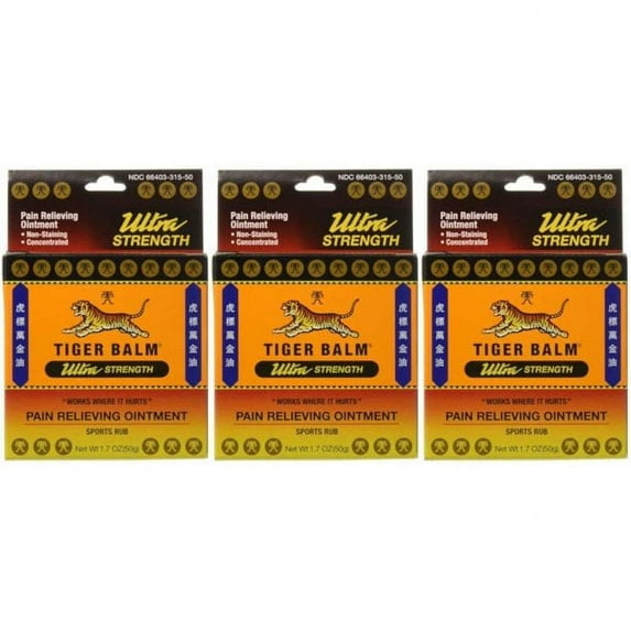 Tiger Balm Pain Relieving Ointment Ultra Strength non-staining 1.7 oz (3 Pack) for muscle aches