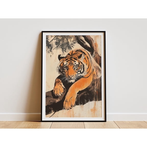 Tiger Banyan Tree Poster with Woodblock Nature Animal Print Unframed Paper Print