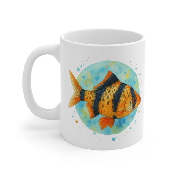 Tiger Barb Colourful Fish Art Mug, Artistic Drinkware, Unique Ceramic Coffee Mug.