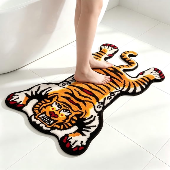 Tiger Bath Mat for Bathroom, Orange Yellow Non-Slip Fun Animal Shaped Area Rug, Soft Plush Absorbent Washable Carpet for Bedroom Living Room Decor, 24x40 Inch