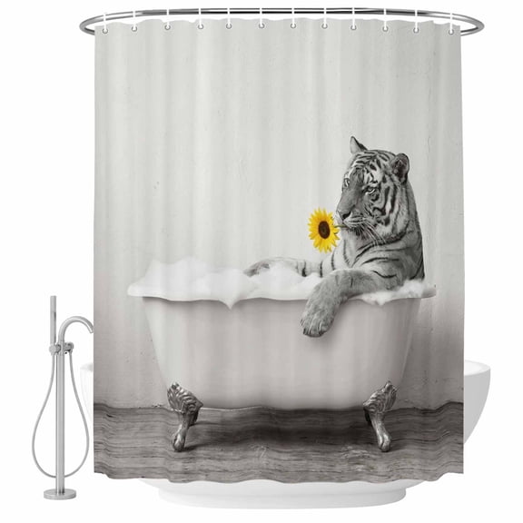 Tiger Bathtub Bathroom Shower Curtains with Hooks, Vintage Black White Tiger Bathing Yellow Sunflower Waterproof Fabric Washable Shower Curtain for Home Hotel Bathtub Decor 36x72 Inch