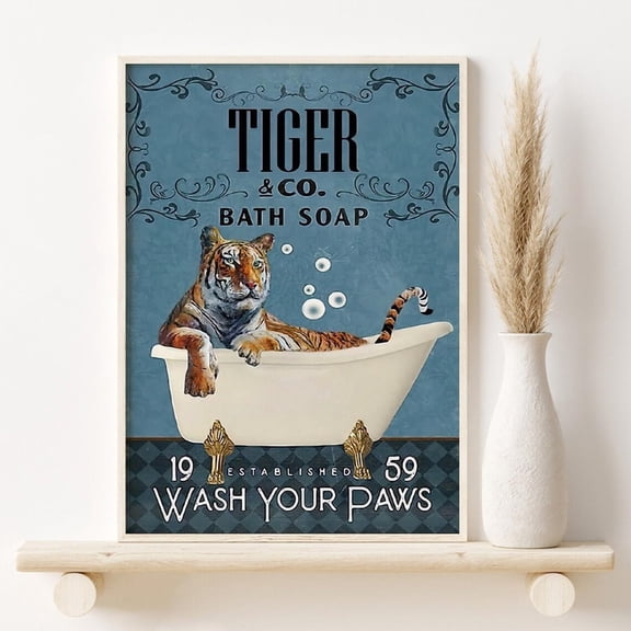 Tiger Bathtub Print, Tiger Bath Soap Wash Your Paws Print, Tiger In Restroom Decoration, Bathroom UNFRAMED Poster, Wall Art for Decor, Present, 16x24