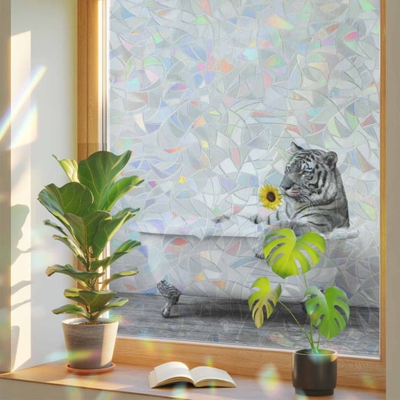 Tiger Bathtub Window Privacy Film, Vintage Black White Tiger Bathing Yellow Sunflower Stained Glass Rainbow Film Decorative Window Clings, Static Cling Sun Blocking Stickers 17.7" x 39.3"