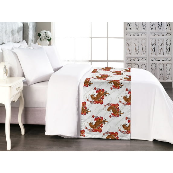 Tiger Bed Runner, Asian Style Animal with Swirly Pattern Wild Life Ethnic Art on Plain Back, Decorative Accent Bedding Scarf for Hotels Homes & Guest Rooms, Queen, Burnt Orange Vermilion, by Ambesonne