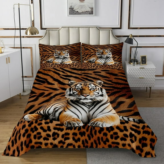 Tiger Bed Set Set Queen,Tiger Leopard Print Bedspread Set,Safair Animal Bedspread Sets,Wildlife Coverlet Set,Black Brown Bed Set