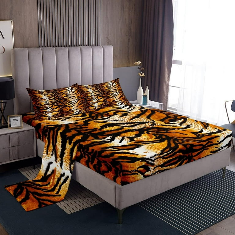 Tiger Bed Sheets King Brown Black Tiger Print Sheet Set for Kids Boys Girls Gorgeous Animal Skin Bedroom Decor Bedding Set Safari Animal Theme Fitted