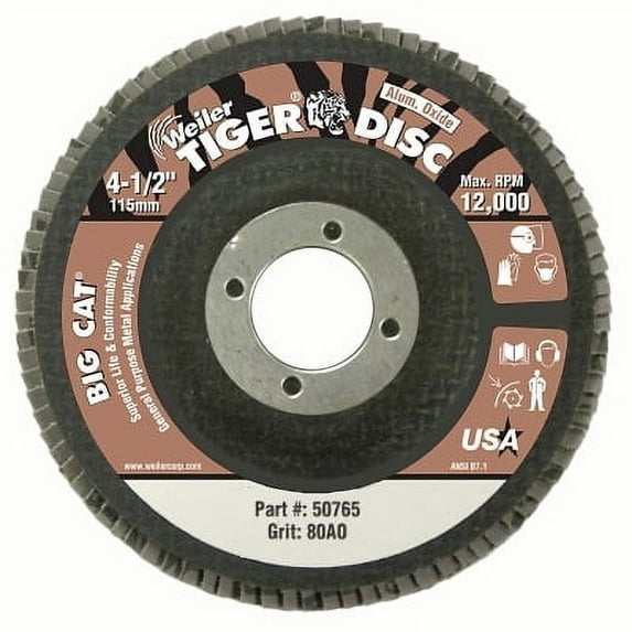 Tiger Big Cat High Density Flap Disc, 4-1/2 In Dia, 80 Grit, 7/8 In Arbor, 12,000 Rpm, Type 27 | Bundle of 2 Each