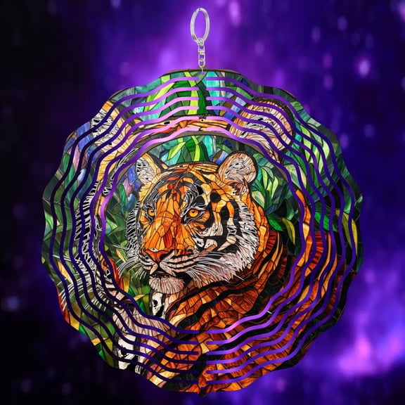 Tiger Big Cat Stained Glass 3D Wind Spinner Sublimation Stainless Steel Decor