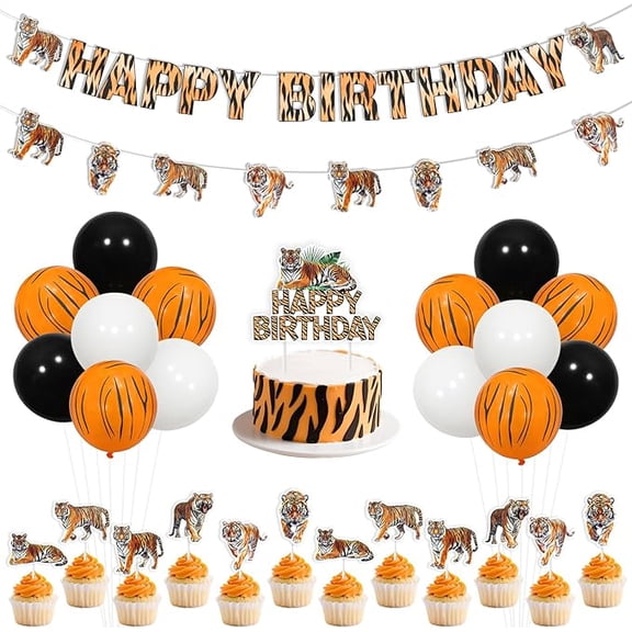 Tiger Birthday Party Decorations Tiger Happy Birthday Banner Realistic Tiger Garlands Cake Topper Zoo Animals Hanging Decor Jungle Animal Supplies for Wildlife Safari Theme Celebration