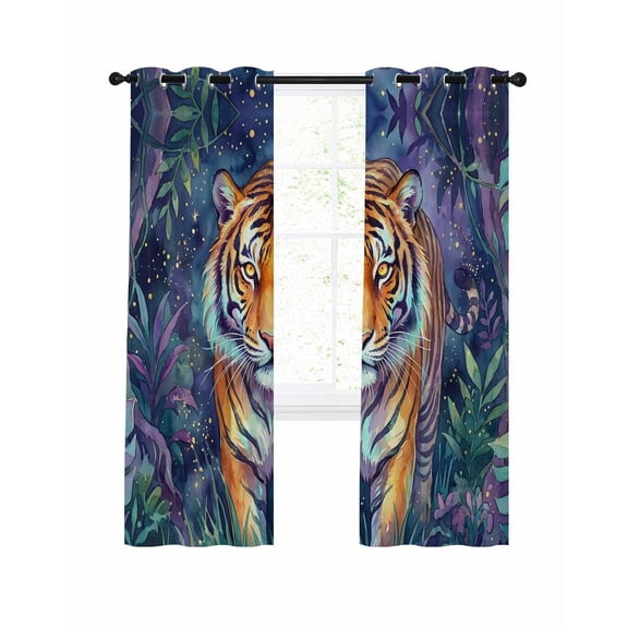 Tiger Blackout Curtains for Bedroom Living Room, Forest Jungle Watercolor Tropical Leaves 39 In Long Thermal Insulated Room Darkening Drapes Grommet Window Treatments, 27.5 x 39 In