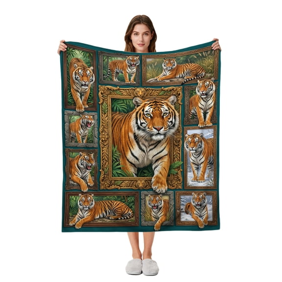 Tiger Blanket Fleece Throw with Framed Art Design Wild Jungle Big Cat Soft Cozy Plush for Sofa Bed Animal Lover Gift for Kids Teens Adults - 60"x50"