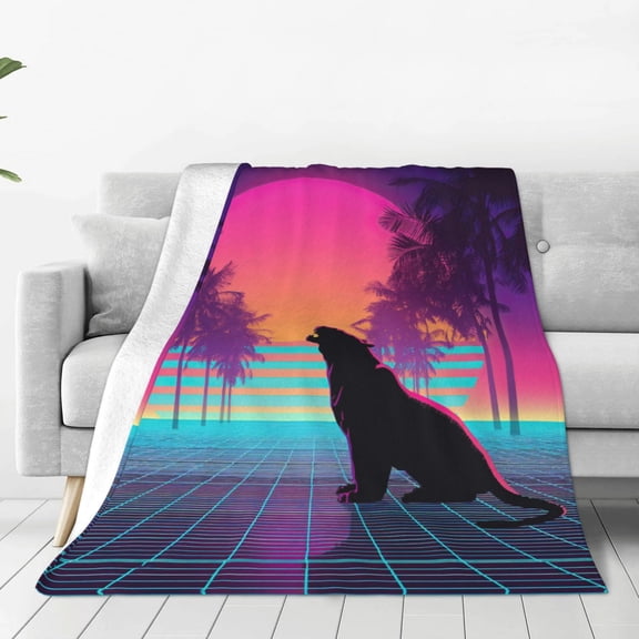 Tiger Blanket Retro Sunset Palm Tree Roaring, Warm Soft Flannel Throw For Living Room, Artistic Synthwave Home Accent 50x40