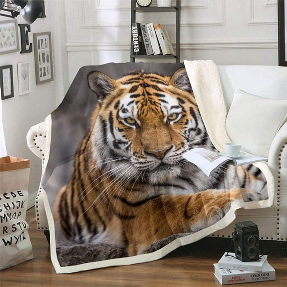 Tiger Blanket Throw, 3D African Wildlife Feline Carnivorous Animal Lying On The Stone Minimalistic Style Fleece Blanket, Decorative Sofa Sherpa Blanket Lightweight, Throw 50"x60", Black White