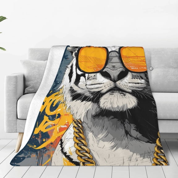 Tiger Blanket Urban Graffiti Hip Hop Style, Soft Cozy Flannel Throw For Couch And Bed, Cool Wild Animal Street Art Decor 50x40