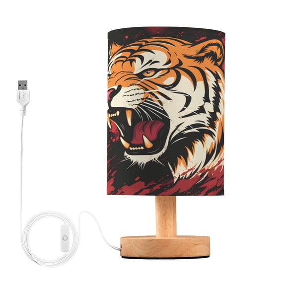 Tiger Blood Table Lamp USB Bedside Desk Nightstand Lamp Printed Gifts Small Lamp Wood Base for Bedroom Living Room Kids Room College Dorm