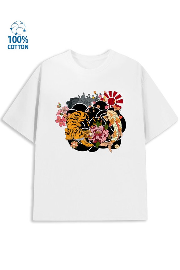 Tiger Blossom Tee men's carp 180G 100% Cotton white fun funny Vintage Unisex Shirt Graphic Tee tshirts Basic Unisex Shirt Graphic Tee tshirts Vintage Unisex Shirt Cotton tshirts
