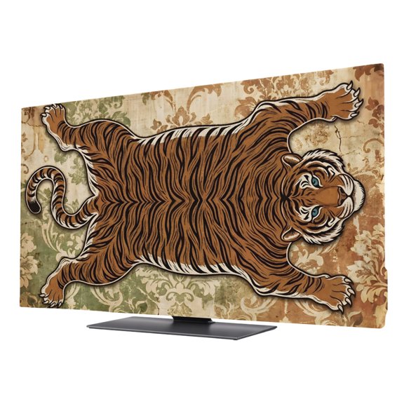 Tiger Boho TV Cover for 50 Inch Screen, Stretch Fabric Dustproof TV Display Protector, Brown Abstract Art Traditional Artwork Elastic Slipcover Monitor Cover for Indoor Desktop Computer 43.6"x24.5"