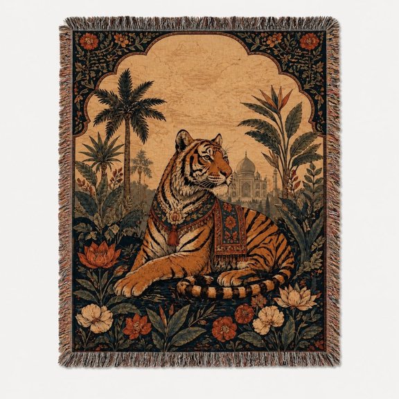 Tiger Botanical Woven Cotton Throw Blanket with Fringe