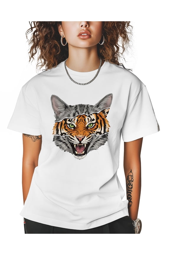Tiger Cat Chimerized T Shirts for Women Short Sleeve Cotton Crewneck T-Shirt Abstract Angry Orange Tiger Grey Cat Tee Tops Casual Basic T-Shirts, XS-5XL White XS
