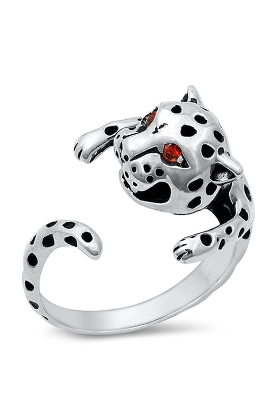Tiger Cat Leopard Simulated Garnet Ring .925 Sterling Silver Band Red CZ Jewelry Female Size 7