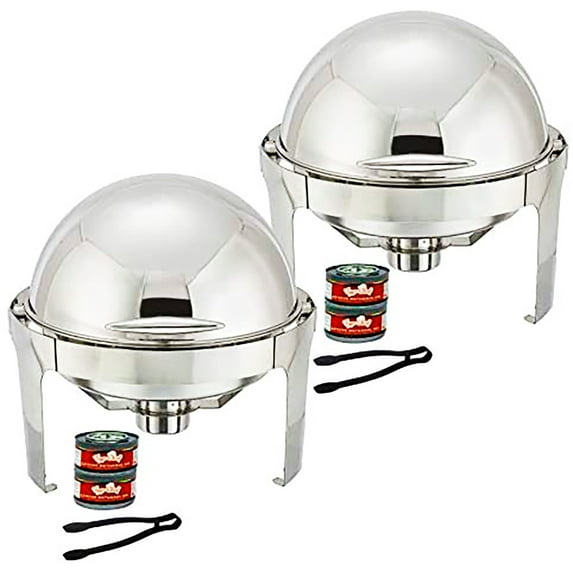 Tiger Chef Chafing Dish Buffet Set - 6 Quart Food Warmer Stainless Steel - Round Roll Top Chafer - 2 Chafing Dish Sets with 2 Serving Tongs and 4 Chafing Dish Fuel Gels