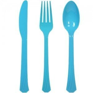 Tiger Chef Plastic Cutlery Set Heavy Duty Colored Plastic Silverware - Includes 96 Forks, 96 Teaspoons, and 96 Knives (Island Blue, 288)