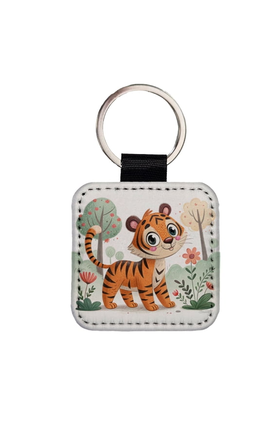 Tiger Children's Illustration Style Faux Leather Square Keychain