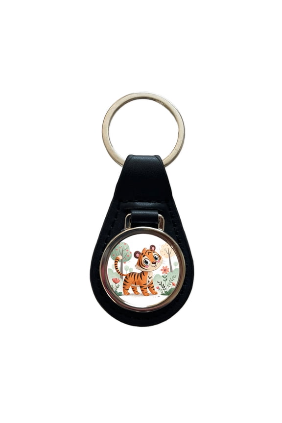 Tiger Children's Illustration Style Metal Black Leather Keychain