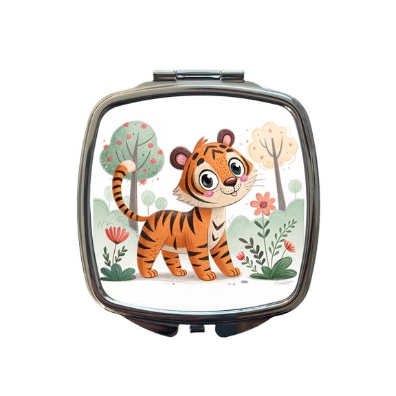 Tiger Children's Illustration Style Travel Makeup Handbag Purse Small Pocket Compact Mirror