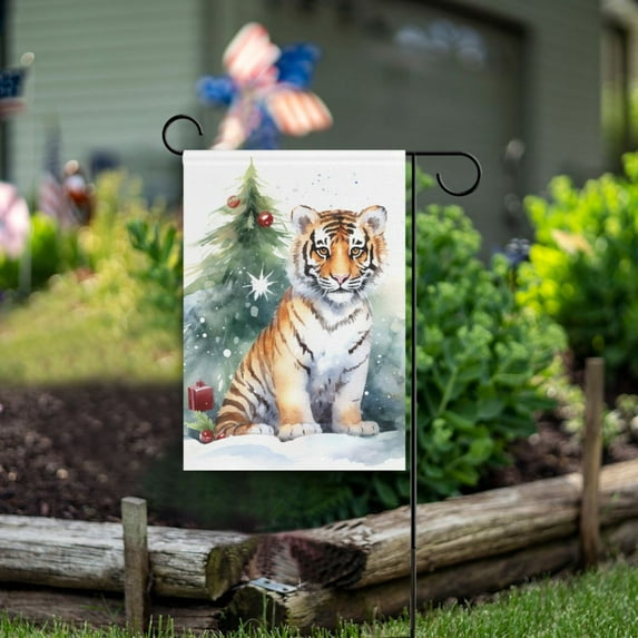 Tiger Christmas Trees Gifts Garden Flag Double Sided Outdoor Banners for Courtyard Outdoor Lawn Farmhouse Holiday Decorations