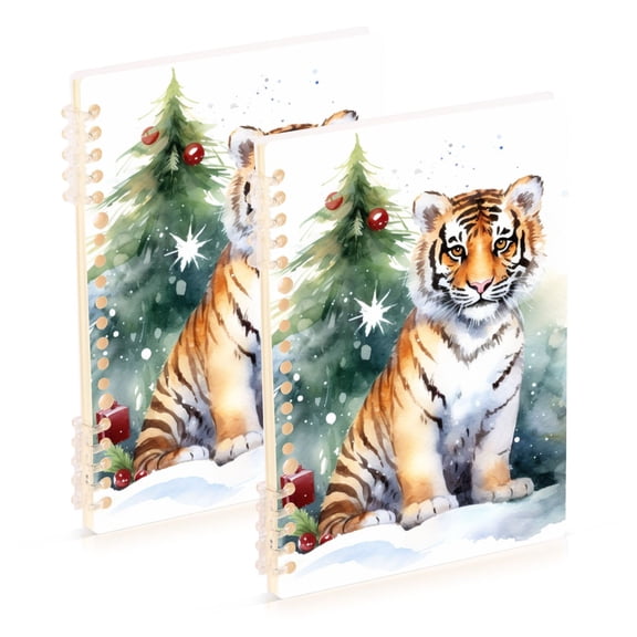 Tiger Christmas Trees Gifts Ring Binder Notebook Journey Note Diary College Ruled Spiral Notebook Study Loose Leaf Paper A5 60 Pages