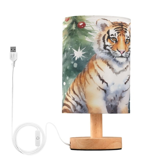 Tiger Christmas Trees Gifts Table Lamp USB Bedside Desk Nightstand Lamp Printed Gifts Small Lamp Wood Base for Bedroom Living Room Kids Room College Dorm