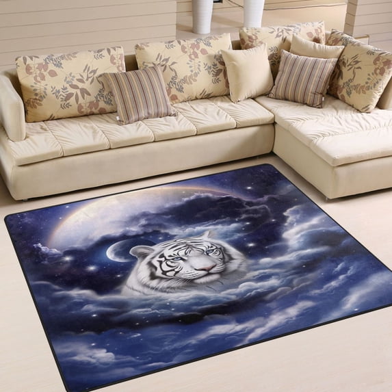Tiger Clouds and Moon White Area Rug Washable 80 x 58 Floor Carpet Mat Non Slip for Bedroom Living Room Home Decor